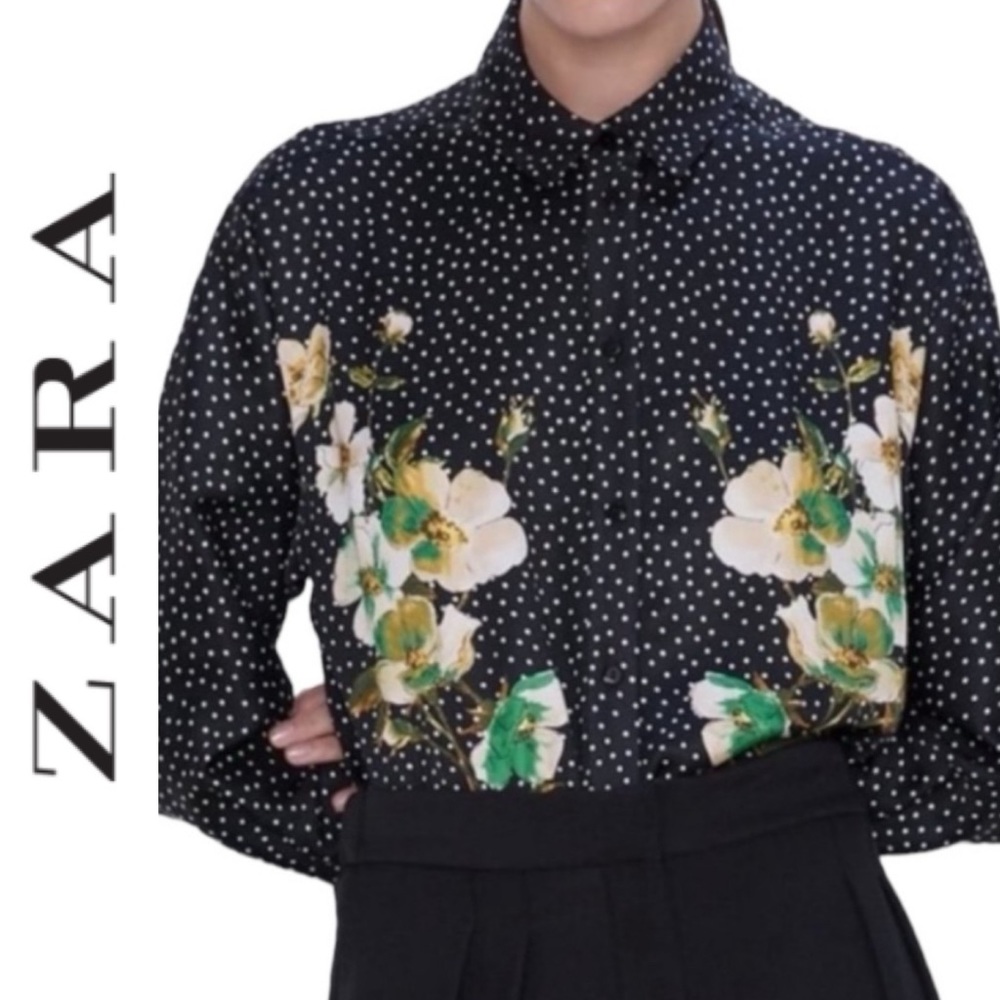 ZARA Polka Dot Floral Print Top Black Satin Long Sleeve Blouse- S